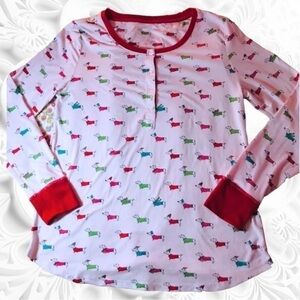 Kate Spade Pink With Red Trim Soft Pajama Top With Christmas Weiner Dogs Small